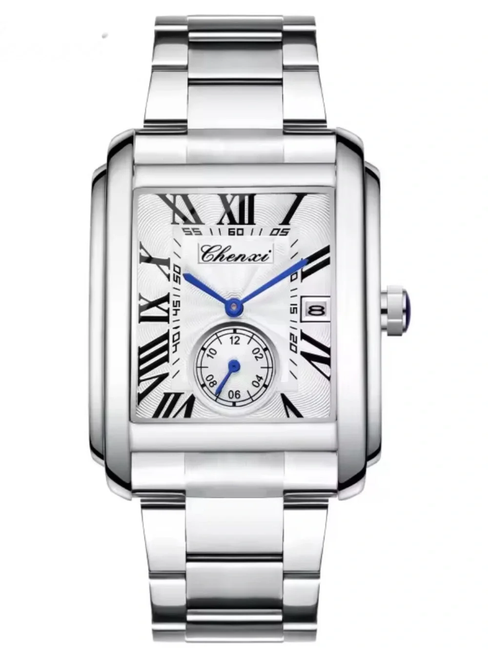 Men’s Silver Rectangular Stainless Steel Watch with Blue Hands